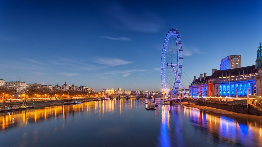 Night view of London skyline showing the London Eye